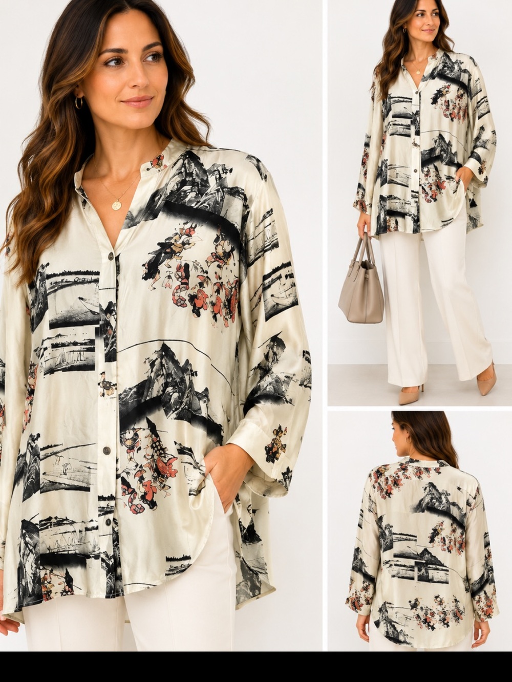 COTRON of Santa Monica silk Japanese mandarin ivory tunic size 2xL. Artsy